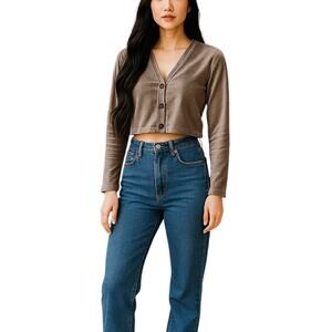 Good Luck Girl Ribbed Velvet Button Up Crop Long Sleeve Shirt Sz Junior's Lg NWT